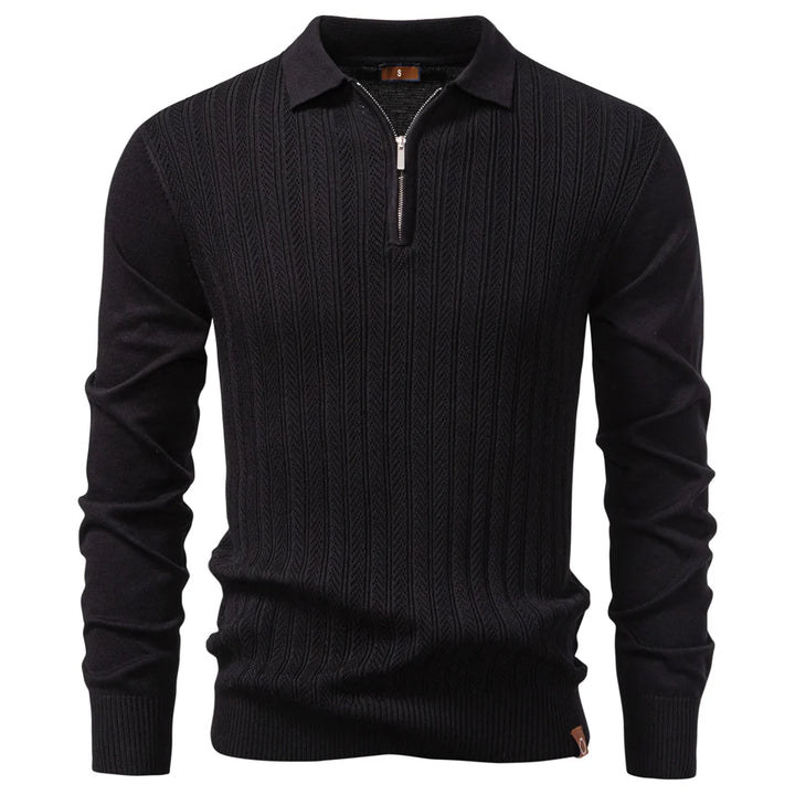 Premium Textured Zip-Collar Polo – Slim Fit Long Sleeve Men’s Business Casual-HighTouch