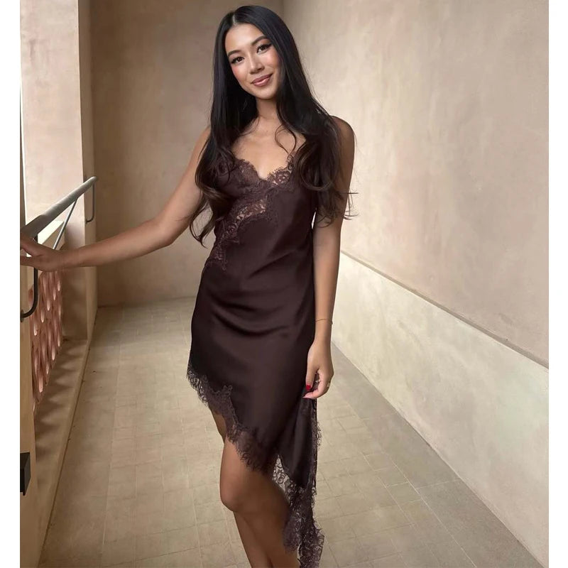 Women’s Satin Backless Mini Dress – Sexy Lace Slip Party Dress-HighTouch