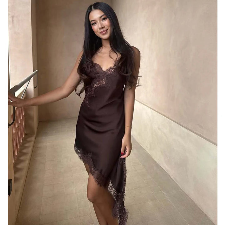 Women’s Satin Backless Mini Dress – Sexy Lace Slip Party Dress-HighTouch