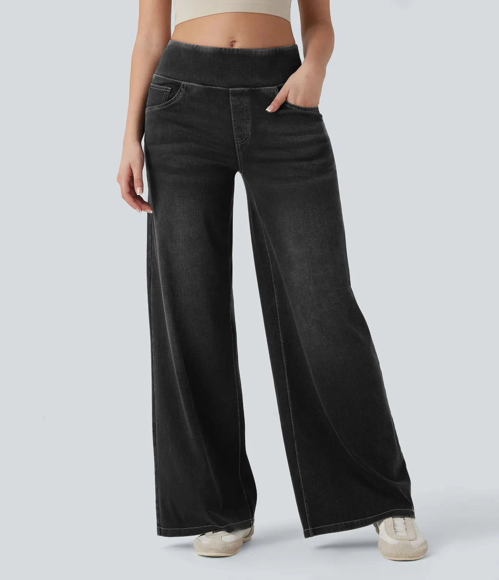 Women’s High-Waist Wide-Leg Zip Denim Jeans Casual Pants-HighTouch