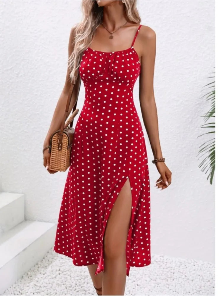 Polka-Dot Spaghetti Strap Midi Dress-HighTouch