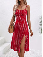 Polka-Dot Spaghetti Strap Midi Dress-HighTouch