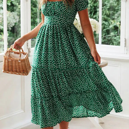 Vintage Floral Square‑Collar Puff‑Sleeve Maxi Dress with Slit