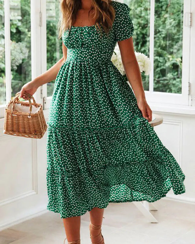 Vintage Floral Square‑Collar Puff‑Sleeve Maxi Dress with Slit