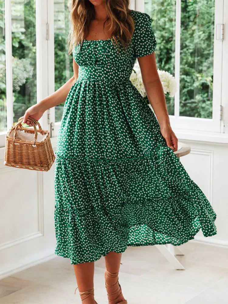 Vintage Floral Square‑Collar Puff‑Sleeve Maxi Dress with Slit-HighTouch