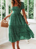 Vintage Floral Square‑Collar Puff‑Sleeve Maxi Dress with Slit-HighTouch