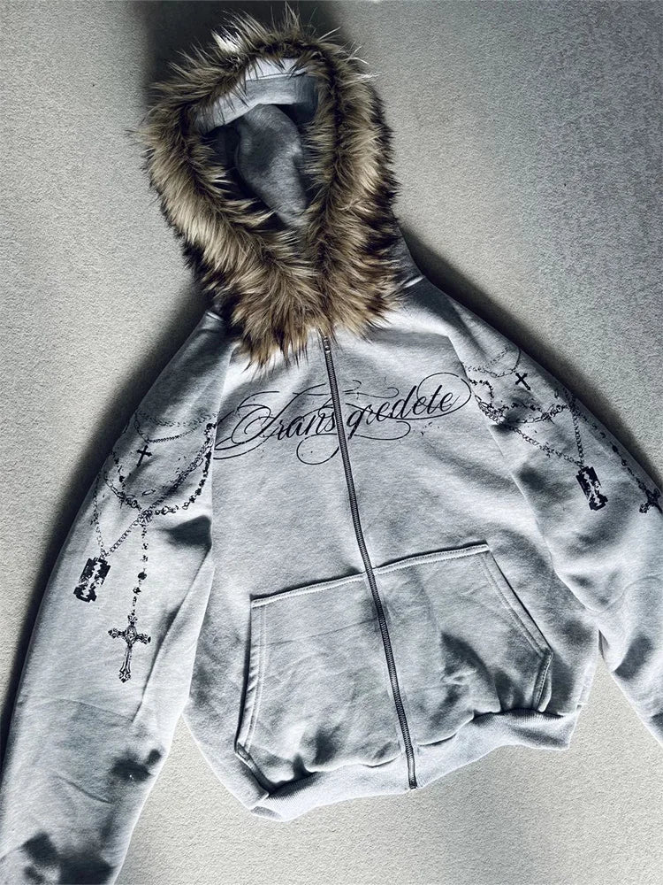 Winter Fashion Streetwear Women's Gothic Punk Faux Fur Hooded Jacket With Cross Print Trendy Edgy Zip - Up Sweatshirt