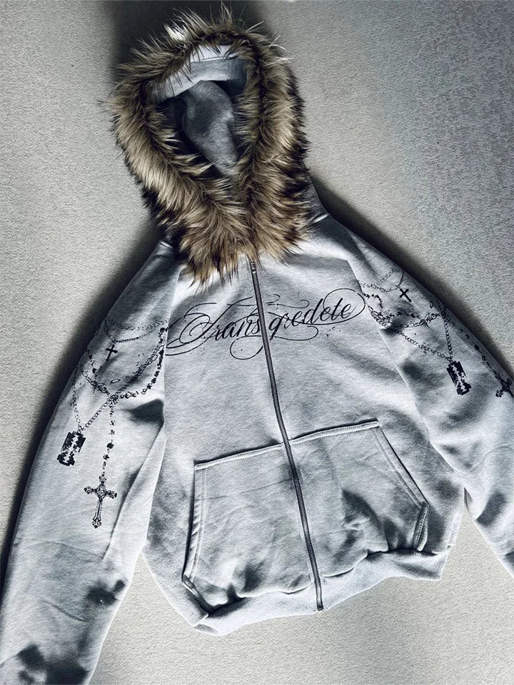 Winter Fashion Streetwear Women's Gothic Punk Faux Fur Hooded Jacket With Cross Print Trendy Edgy Zip - Up Sweatshirt