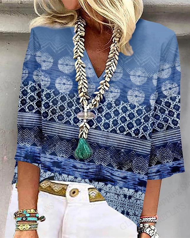 Vintage 3D Floral Oversized V‑Neck Tee – Breezy Summer Style