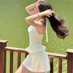 Backless Lace Sleeveless Solid Casual Streetwear Crop Tops Mini Skirt-HighTouch