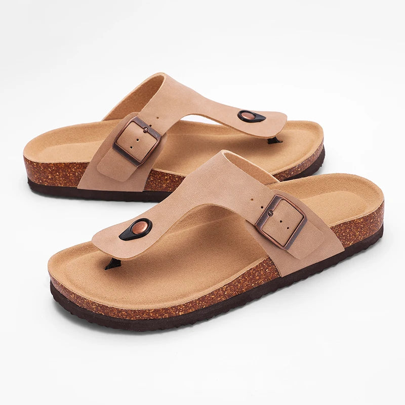 Women's Leather Cork Footbed Sandals – Adjustable Buckle Flats for All-Day Comfort-HighTouch