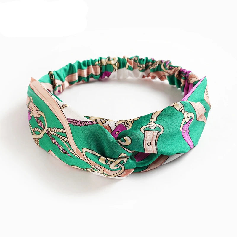 Vintage Boho Printed Cross Turban Headband – Wide Stretchy Fabric Band