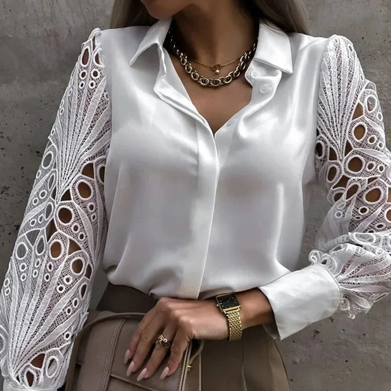 White Lace Hollow-Out Long Sleeve Blouse – Vintage Button-Up Elegance-HighTouch