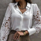 White Lace Hollow-Out Long Sleeve Blouse – Vintage Button-Up Elegance-HighTouch