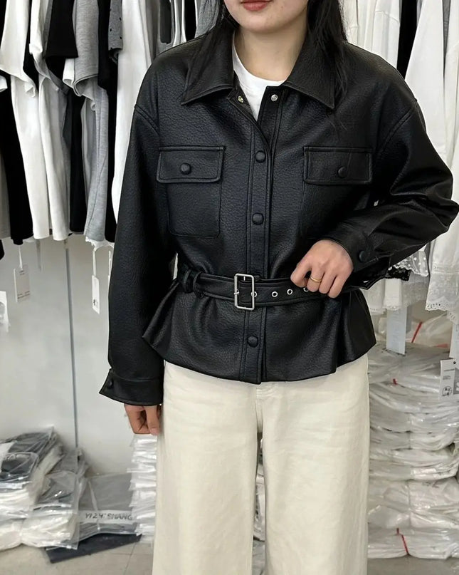 Retro Polo‑Collar Belted Leather Moto Jacket for Women