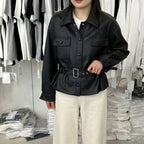 Retro Polo‑Collar Belted Leather Moto Jacket for Women-HighTouch