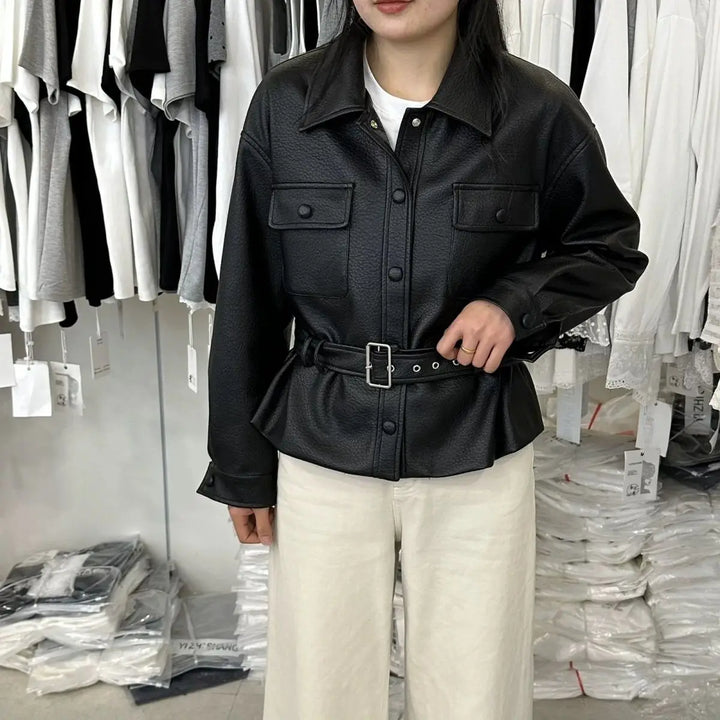 Retro Polo‑Collar Belted Leather Moto Jacket for Women-HighTouch