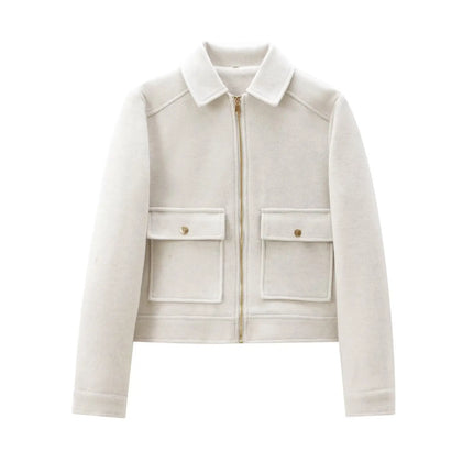 Women's Winter Zipper Jacket - Elegant Short Street Coat with Pockets