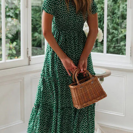 Vintage Floral Square‑Collar Puff‑Sleeve Maxi Dress with Slit