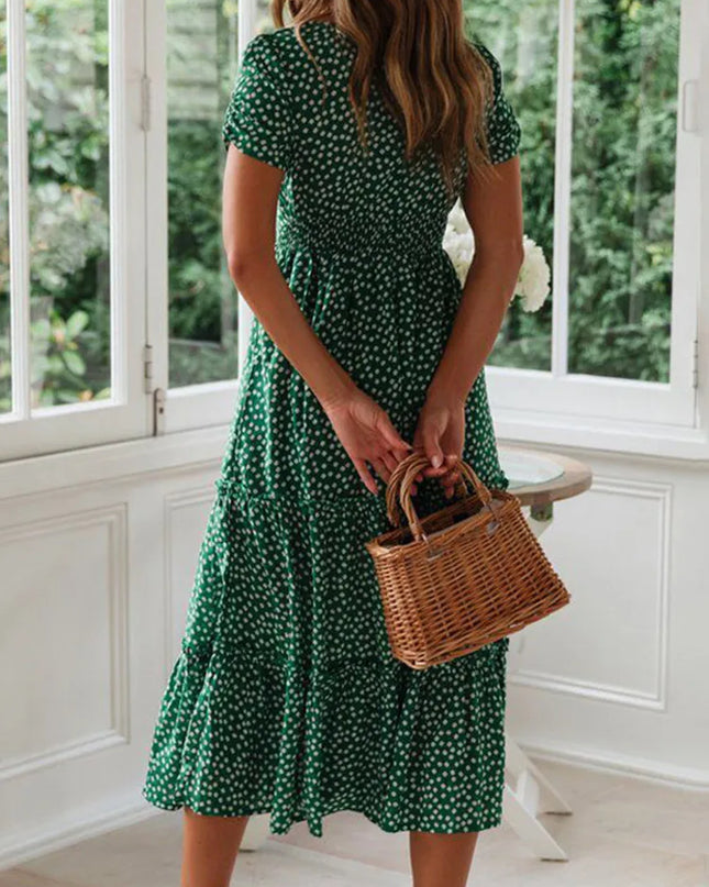 Vintage Floral Square‑Collar Puff‑Sleeve Maxi Dress with Slit
