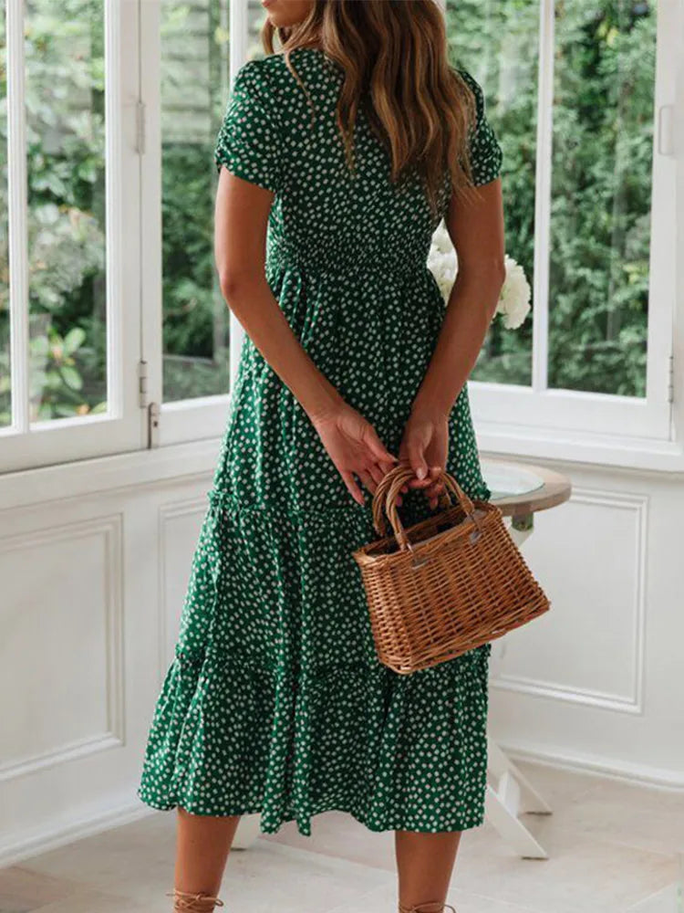 Vintage Floral Square‑Collar Puff‑Sleeve Maxi Dress with Slit-HighTouch
