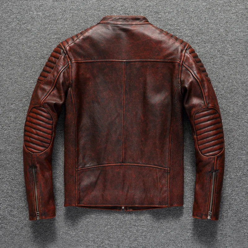 Premium Genuine Cowhide Leather Biker Jacket - Vintage Motorcycle Style, Durable & Classic