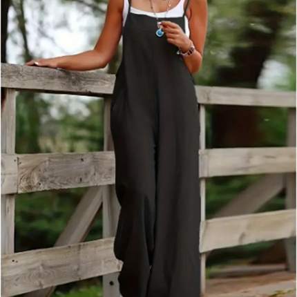Women's Sleeveless Suspender Jumpsuit with Pockets – Loose Casual Wide-Leg Romper
