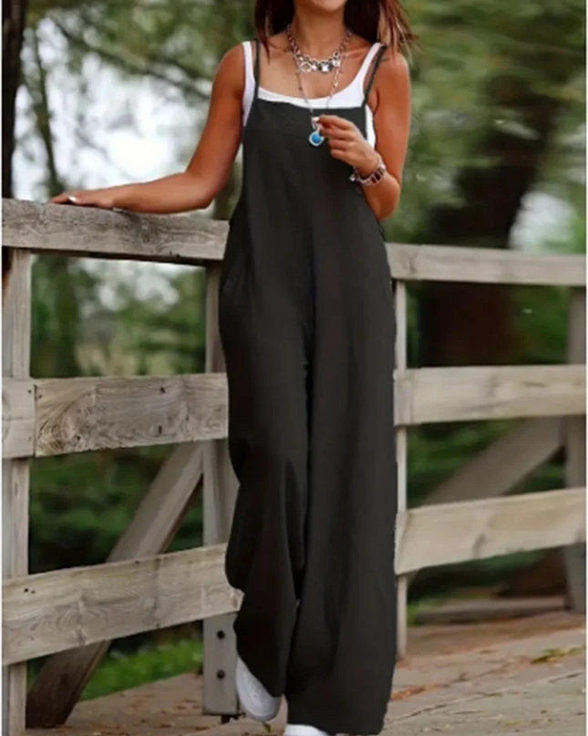 Women's Sleeveless Suspender Jumpsuit with Pockets – Loose Casual Wide-Leg Romper
