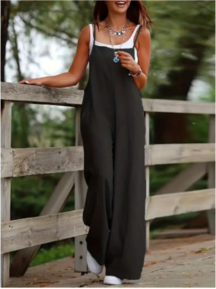Women's Sleeveless Suspender Jumpsuit with Pockets – Loose Casual Wide-Leg Romper