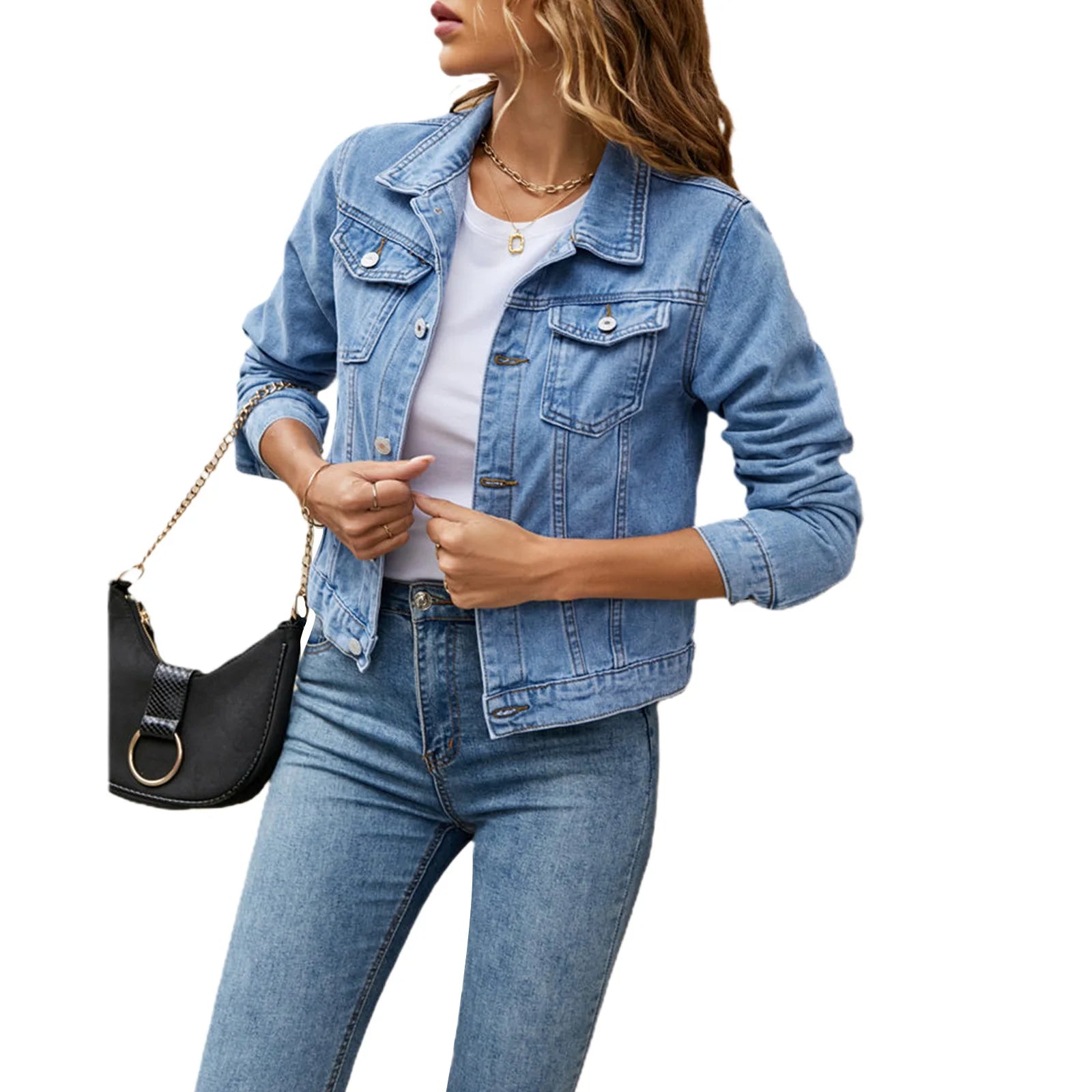 Slim-Fit Button-Down Denim Jacket – Cropped Denim Jacket
