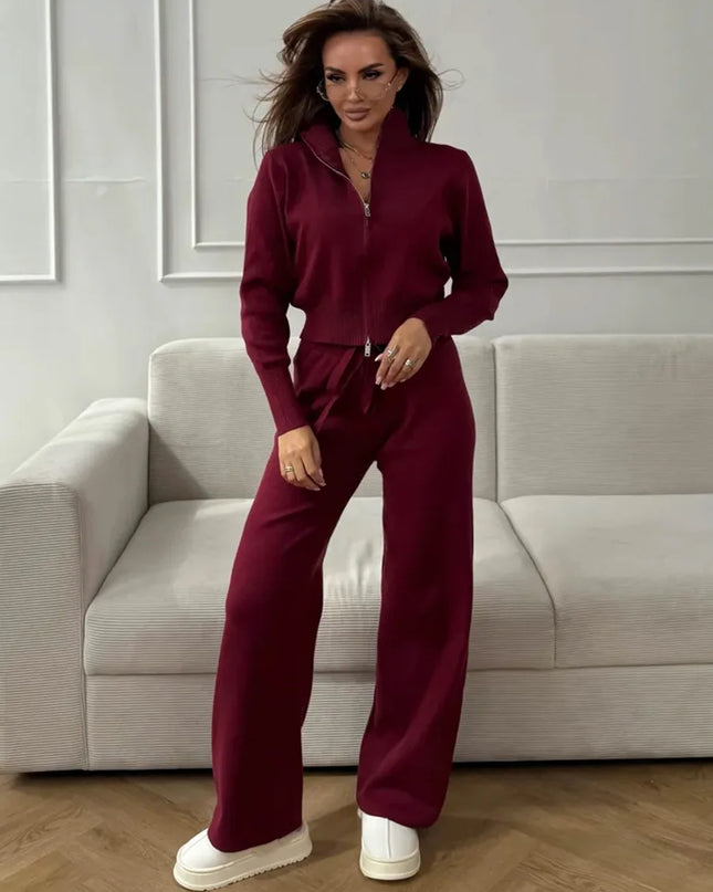 Knit Zip-Up Cardigan & Wide-Leg Pants Set