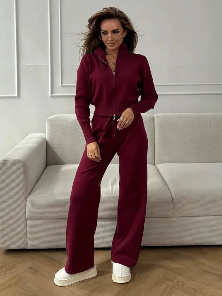 Women’s Knit Two Piece Set Zip Up Cardigan Wide Leg Pants Outfit-HighTouch