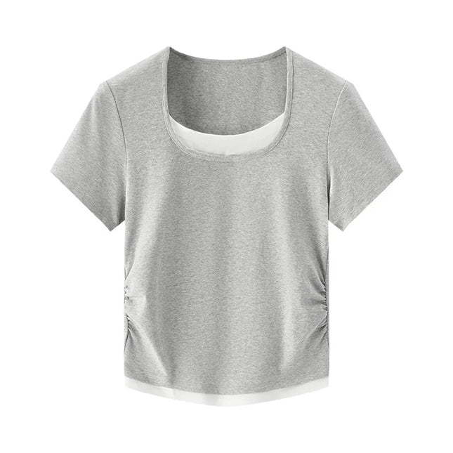 Sleek Fake Two‑Piece Cropped Tee – Slimming U‑Neck for Chic
