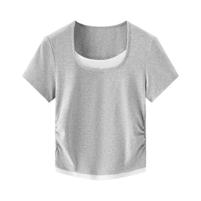 Sleek Fake Two‑Piece Cropped Tee – Slimming U‑Neck for Chic-HighTouch