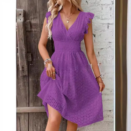 V‑Neck Hollow‑Lace Flare Sleeve Beach Midi Dress