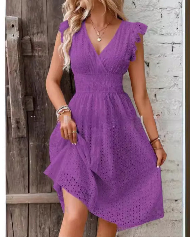 V‑Neck Hollow‑Lace Flare Sleeve Beach Midi Dress