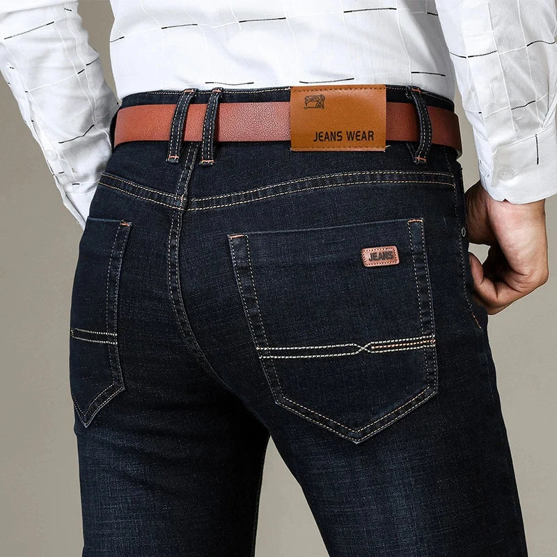 Casual Stretch Straight-Leg Men’s Jeans - Soft Cotton Denim in Black & Navy-HighTouch