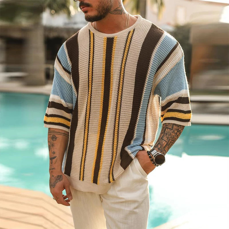 Breathable Striped Hollow Knit Summer T-Shirt for Men