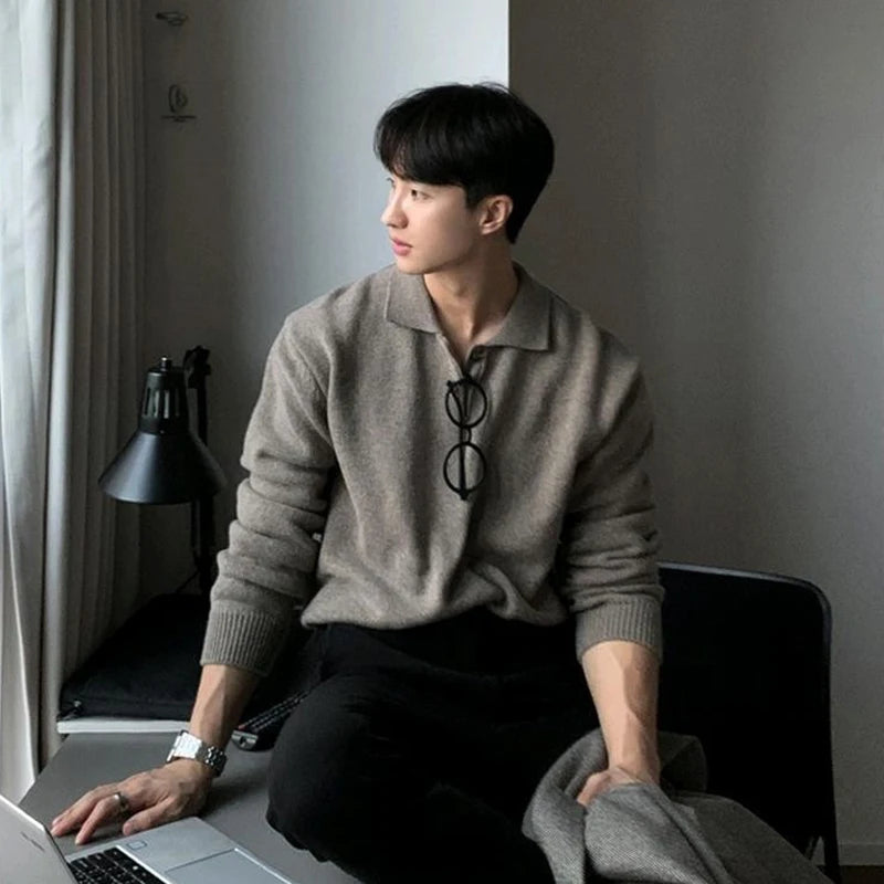 Light Luxury Knit Polo Neck Sweater Men