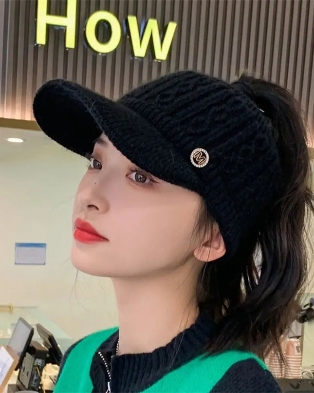 Rabbit Fur-Lined Knit Beanie with Open Top