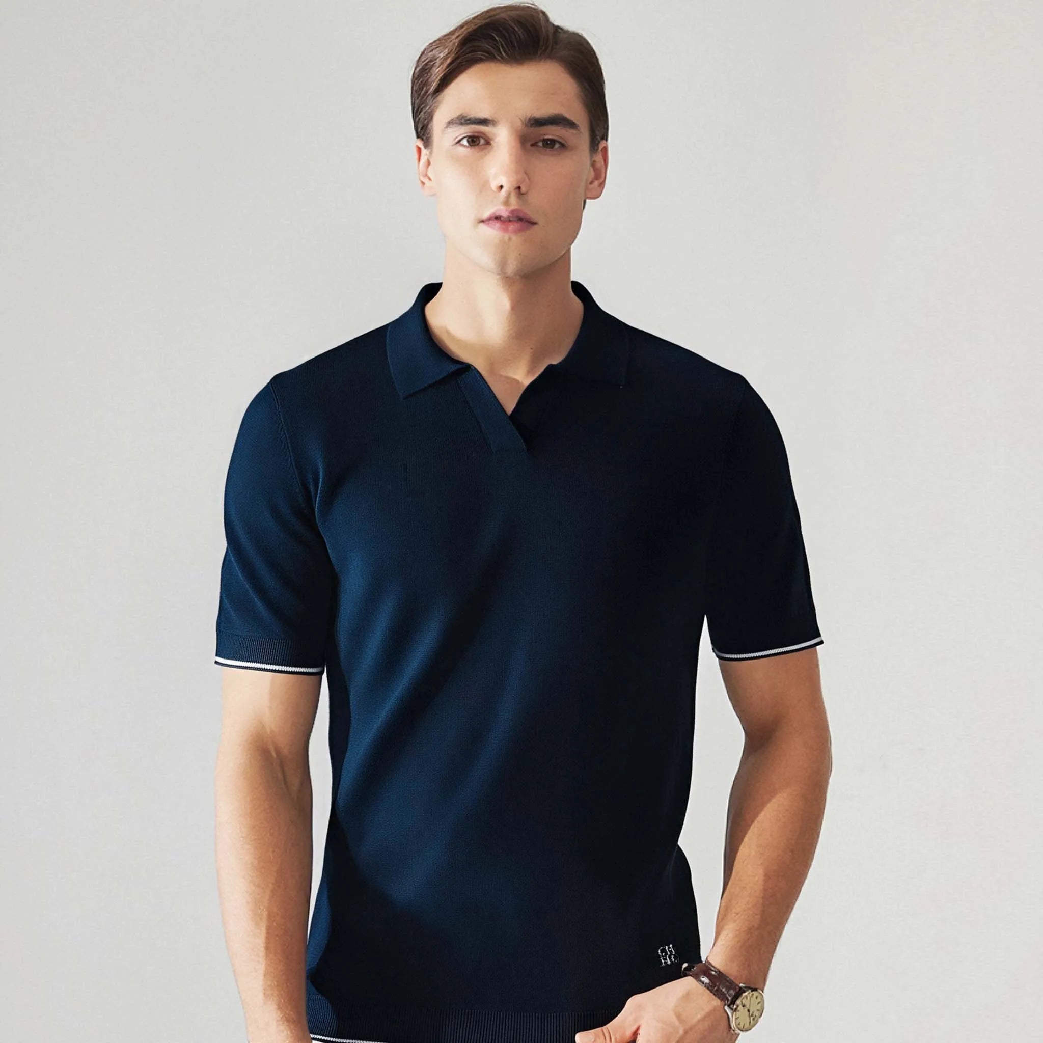 Men’s Summer Polo T-Shirt – V-Collar, Short Sleeve Casual Top-HighTouch
