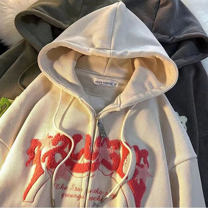 Hoodie Women Harajuku Zip-Up Embroidered Hoodie – Oversized Streetwear