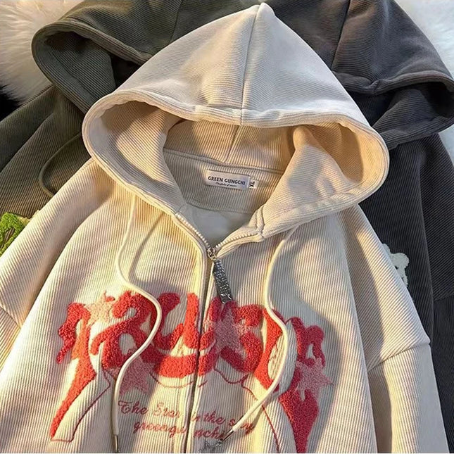 Hoodie Women Harajuku Zip-Up Embroidered Hoodie – Oversized Streetwear