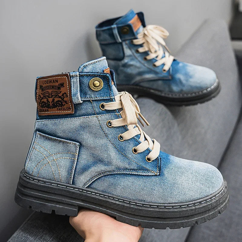 Size 48 Denim Lace-Up Men’s Platform Travel Boots