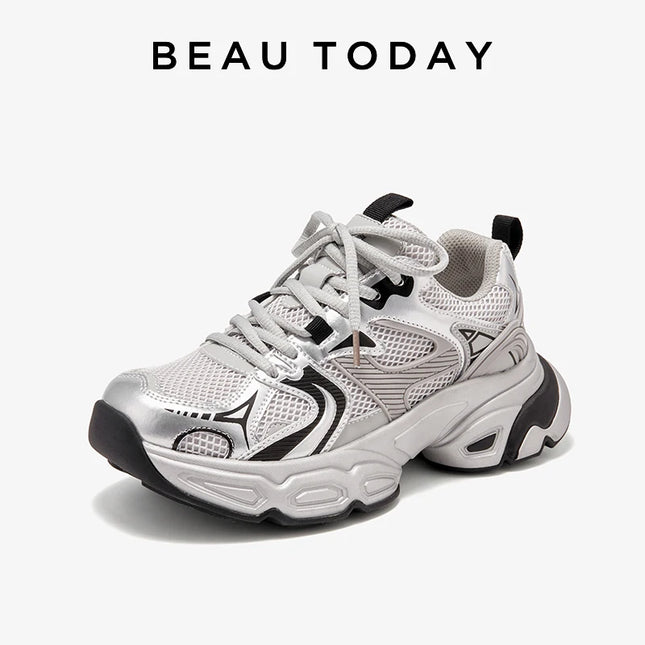BeauToday Mesh Patchwork Chunky Sole Lace-Up Sneakers for Women