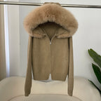 Women’s Hooded Knit Cardigan with Real Fox Fur – Casual Short Coat-HighTouch