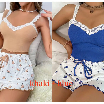 Women’s Pink Lace Patchwork Camisole & Shorts Pajama Set – Sexy Lounge Sleepwear
