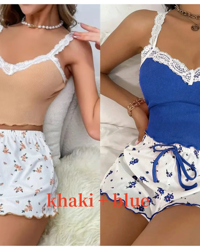 Women’s Pink Lace Patchwork Camisole & Shorts Pajama Set – Sexy Lounge Sleepwear