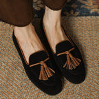 Women’s Natural Suede Fringe Moccasin Ballet Flats-HighTouch