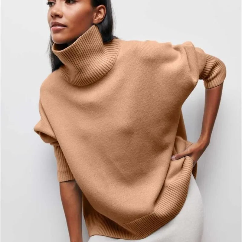 Cozy High-Neck Oversized Knit Sweater – Soft & Trendy Winter Staple-HighTouch